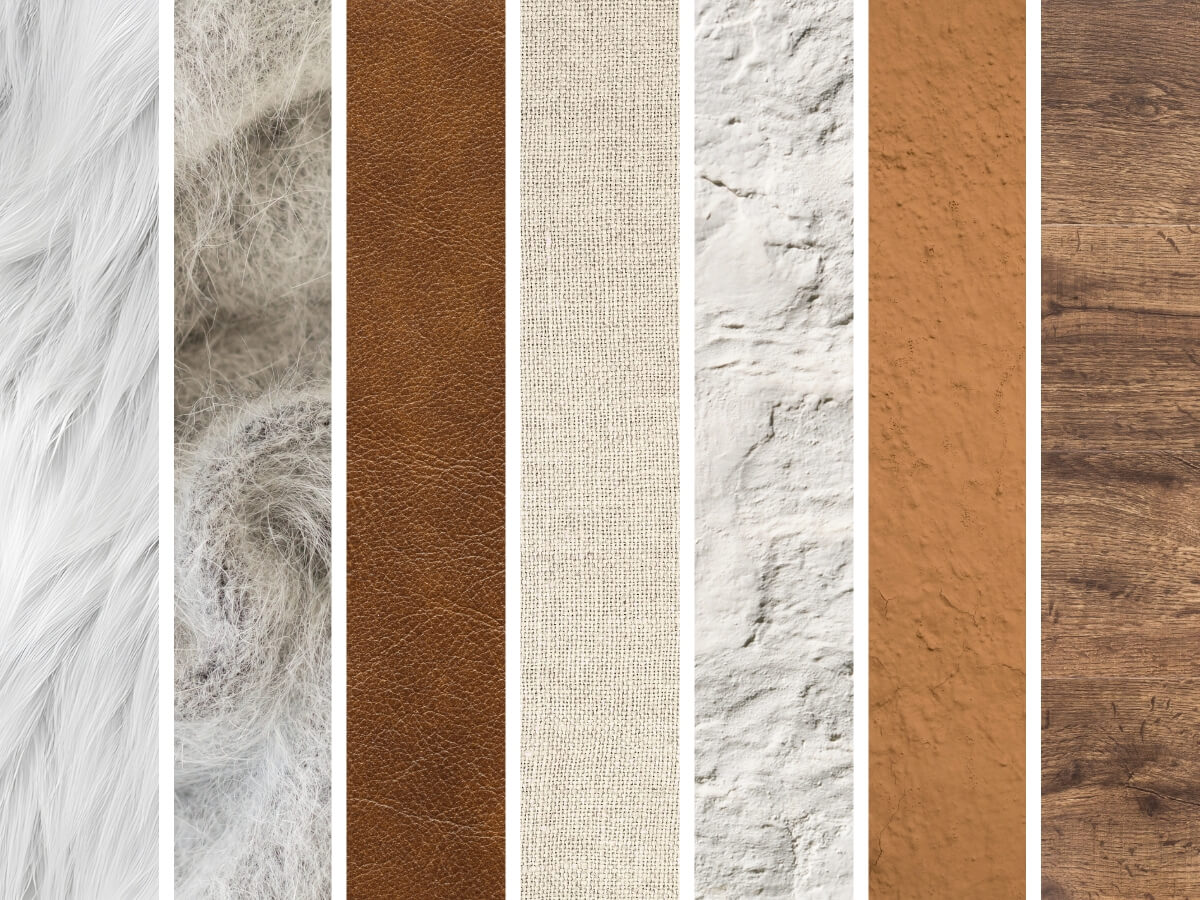 Vzory prírodných materiálov využívaných v škandinávskom štýle.